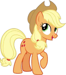 Size: 841x949 | Tagged: safe, artist:j-pinkie, derpibooru import, applejack, earth pony, pony, cowboy hat, female, freckles, hat, mare, ms paint, open mouth, raised hoof, simple background, solo, transparent background, vector