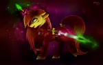 Size: 2529x1581 | Tagged: safe, artist:das_leben, derpibooru import, oc, unofficial characters only, pony, unicorn, clothes, ear piercing, female, floppy ears, glowing horn, horn ring, magic, mare, open mouth, piercing, solo, sword, tail wrap, telekinesis, weapon