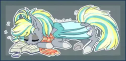 Size: 900x439 | Tagged: artist:tenebristayga, book, clothes, derpibooru import, female, mare, oc, oc:booker, prone, safe, scarf, sleeping, solo, unofficial characters only, z, zzz