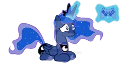 Size: 900x450 | Tagged: safe, artist:choccymilkshake, derpibooru import, princess luna, alicorn, pony, gamer luna, controller, glowing horn, joystick, magic, simple background, solo, telekinesis, transparent background, watermark