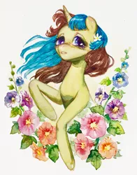 Size: 2367x3024 | Tagged: safe, artist:catmag, derpibooru import, oc, oc:mallow, unofficial characters only, pony, unicorn, female, flower, mare, solo, traditional art