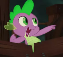 Size: 516x471 | Tagged: safe, derpibooru import, screencap, spike, dragon, my little pony: the movie, baby, baby dragon, celaeno's airship, claws, cropped, cute, dab, fangs, green eyes, looking at something, male, nails, open mouth, pirate ship, pointing, pose, scales, smiling, solo, spikabetes, wood