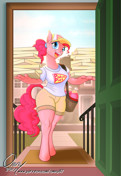 Size: 1200x1750 | Tagged: anthro, artist:omny87, baseball cap, cap, clothes, derpibooru import, food, hat, pinkie pie, pizza, pizza delivery, ponytail, safe, series:the serving six, soda, solo, unguligrade anthro, uniform