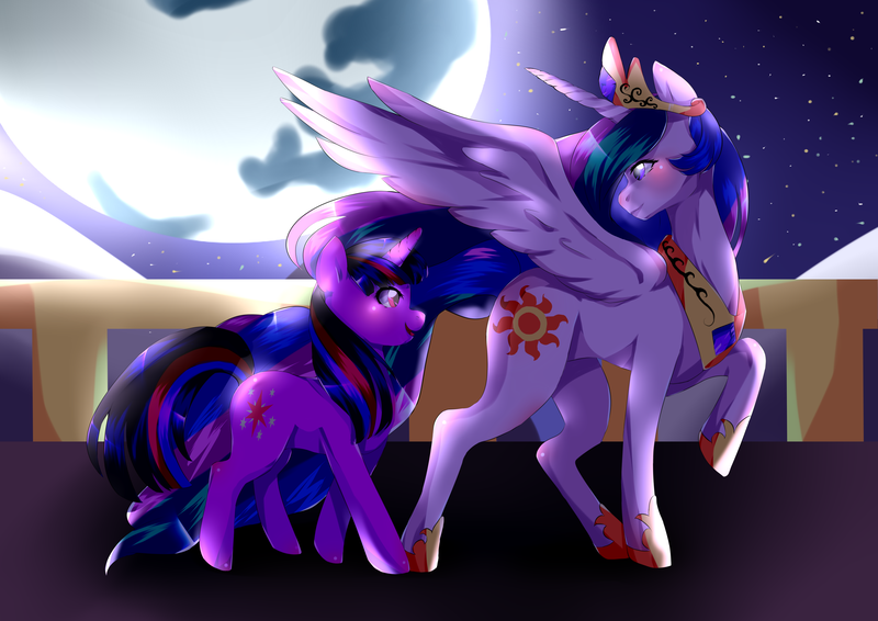 Size: 4092x2893 | Tagged: safe, artist:shine-aqua-absol, derpibooru import, princess celestia, twilight sparkle, alicorn, unicorn, female, jewelry, mare, moon, night, profile, raised hoof, regalia, sky, smiling, stars, walking