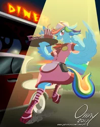 Size: 1200x1524 | Tagged: 1950s, anthro, apron, artist:omny87, burger, car, clothes, derpibooru import, diner, diner dash, diner uniform, dress, food, french fries, rainbow dash, rainbow dash always dresses in style, retro, roller skates, safe, series:the serving six, socks, soda, striped socks, unguligrade anthro, waitress