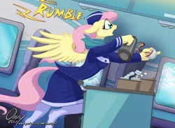 Size: 1200x880 | Tagged: airline, anthro, artist:omny87, clothes, coffee, derpibooru import, fluttershy, hat, plane, safe, scarf, series:the serving six, solo, stewardess, stockings, thigh highs, tripping, unguligrade anthro, uniform