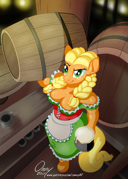 Size: 800x1116 | Tagged: anthro, applejack, apron, artist:omny87, bar, barmaid, barrel, braid, breasts, busty applejack, cider, cleavage, clothes, derpibooru import, dirndl, dress, german, high angle, mug, muscles, oktoberfest, perspective, series:the serving six, suggestive, tankard, tavern, unguligrade anthro