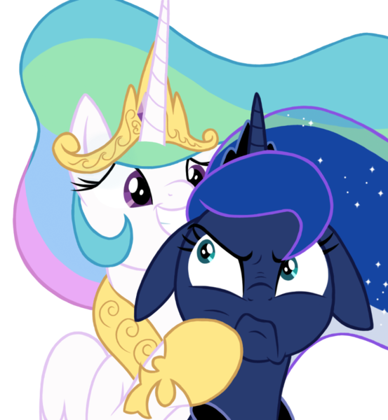 Size: 778x844 | Tagged: safe, artist:dosey--doe, artist:yakoshi, derpibooru import, princess celestia, princess luna, alicorn, pony, annoyed, collaboration, floppy ears, frown, royal sisters, simple background, sketch, smiling, transparent background