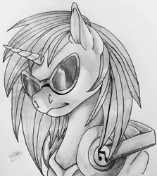 Size: 2441x2735 | Tagged: safe, artist:brainiac, derpibooru import, vinyl scratch, unicorn, black and white, clothes, female, grayscale, headphones, hoodie, monochrome, solo, sunglasses, traditional art