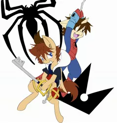 Size: 2877x3024 | Tagged: safe, artist:steelsoul, derpibooru import, ponified, pony, clothes, crossover, fanart, hidden mickey, keyblade, kingdom hearts, kingdom hearts of harmony, peter parker, simple background, sora, spider-man, spiders and magic: rise of spider-mane, superhero