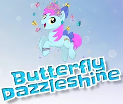 Size: 973x824 | Tagged: safe, derpibooru import, oc, oc:butterfly dazzleshine, unofficial characters only, butterfly, earth pony, pony, my little pony: the movie, bow, bracelet, cutie mark, ear piercing, flower, flower in hair, hair bow, happy, jewelry, male, mlp movie pony maker, piercing, rainbow, smiling, solo, sparkles, tail bow, tiara