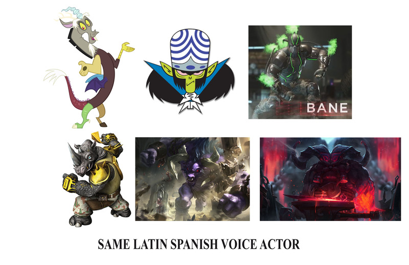 Size: 7300x4724 | Tagged: absurd resolution, alistar, bane, derpibooru import, discord, enrique cervantes, exploitable meme, injustice 2, injustice gods among us, league of legends, meme, mojo jojo, ornn, rocksteady, safe, same voice actor, spanish, teenage mutant ninja turtles, teenage mutant ninja turtles (2014), the powerpuff girls