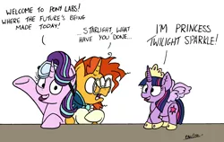 Size: 2128x1341 | Tagged: safe, artist:bobthedalek, derpibooru import, starlight glimmer, sunburst, twilight sparkle, twilight sparkle (alicorn), alicorn, pony, unicorn, robotwi, safety goggles, simple background, the muppet show, toy, what has magic done, what has science done, white background