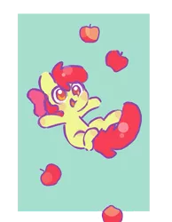 Size: 533x688 | Tagged: safe, artist:dawnfire, derpibooru import, apple bloom, earth pony, pony, adorabloom, apple, bow, cute, falling, female, filly, food, green background, hair bow, red hair, red tail, simple background, smiling, solo