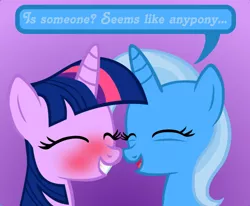 Size: 840x692 | Tagged: safe, artist:navitaserussirus, derpibooru import, trixie, twilight sparkle, pony, unicorn, blushing, comic, cropped, eyes closed, female, grin, lesbian, mare, open mouth, shipping, smiling, twixie