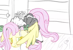 Size: 2876x1968 | Tagged: safe, artist:velvet frame, derpibooru import, fluttershy, pony, blushing, bookshelf, bow, clothes, cute, door, embarrassed, face down ass up, female, fluttermaid, gloves, looking back, maid, shoes, sketch, spread wings, wings, wooden floor