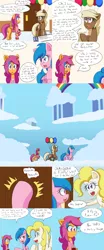 Size: 2000x4800 | Tagged: safe, artist:jake heritagu, derpibooru import, firefly, scootaloo, surprise, oc, oc:lightning blitz, oc:sandy hooves, pegasus, pony, comic:ask motherly scootaloo, baby, baby pony, balloon, cloudsdale, colt, comic, dialogue, female, hairpin, holding a pony, knocking, male, mother and son, motherly scootaloo, offspring, older, older scootaloo, parent:rain catcher, parent:scootaloo, parents:catcherloo, speech bubble, sweatshirt