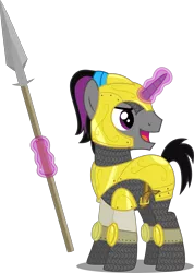 Size: 3562x5000 | Tagged: safe, artist:xenoneal, derpibooru import, oc, oc:fresh edge, unofficial characters only, pony, unicorn, armor, high res, magic, male, simple background, solo, spear, stallion, transparent background, vector, weapon