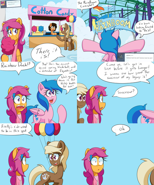 Size: 2000x2400 | Tagged: safe, artist:jake heritagu, derpibooru import, firefly, scootaloo, oc, oc:sandy hooves, pony, comic:ask motherly scootaloo, ask, balloon, cloudsdale, comic, cotton candy, hairpin, motherly scootaloo, roller coaster, sweatshirt, theme park