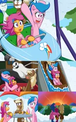 Size: 2000x3200 | Tagged: safe, artist:jake heritagu, derpibooru import, firefly, scootaloo, oc, oc:sandy hooves, pony, comic:ask motherly scootaloo, animatronic, burger, cloudsdale, comic, dark ride, drink, food, french fries, hairpin, hay burger, hay fries, laughing, log flume, motherly scootaloo, roller coaster, straw, sunset, sweatshirt, table, theme park