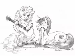 Size: 1400x1042 | Tagged: safe, artist:baron engel, derpibooru import, bright mac, pear butter, earth pony, pony, the perfect pear, acoustic guitar, brightbutter, cowboy hat, female, grayscale, hat, hoof hold, male, mare, monochrome, pencil drawing, shipping, simple background, sketch, stallion, straight, traditional art, white background