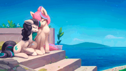 Size: 1280x720 | Tagged: safe, artist:rodrigues404, derpibooru import, oc, oc:seafoam, oc:sweet skies, unofficial characters only, animated, cinemagraph, commission, eyes closed, female, gif, lesbian, mare, oc x oc, shipping, smiling
