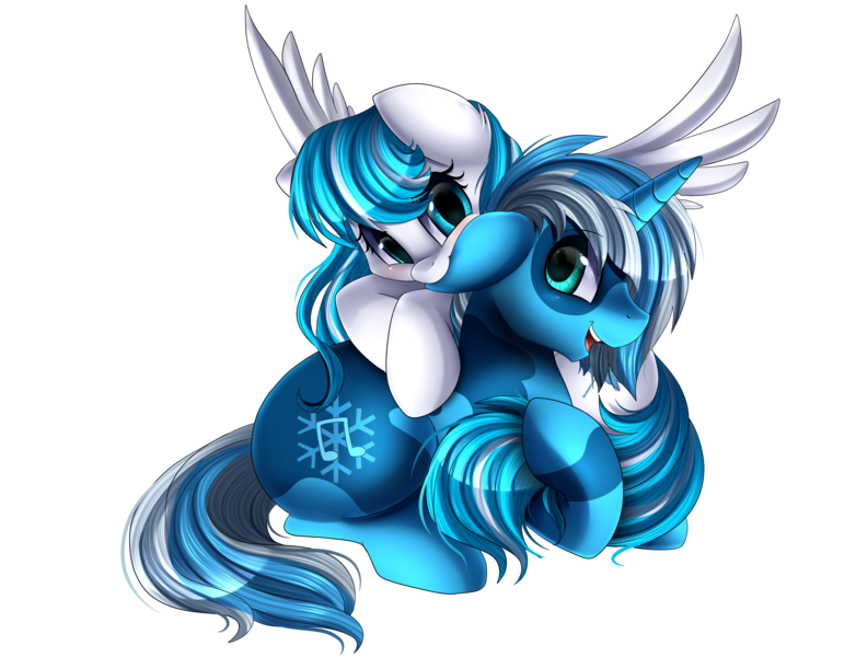 Size: 2927x2245 | Tagged: safe, artist:pridark, derpibooru import, oc, oc:snow sailor, unofficial characters only, pegasus, pony, unicorn, commission, cute, ear bite, female, male, mare, simple background, smiling, stallion, transparent background