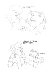 Size: 1096x1500 | Tagged: safe, artist:carnifex, derpibooru import, capper dapperpaws, rarity, abyssinian, anthro, pony, unicorn, my little pony: the movie, :o, anthro with ponies, capper drama, capperity, chest fluff, comic, dot eyes, eye contact, faic, female, grayscale, holding hands, holding hooves, lidded eyes, looking at each other, mare, monochrome, mood whiplash, open mouth, please stop, simple background, sketch, stereotype, white background, wide eyes