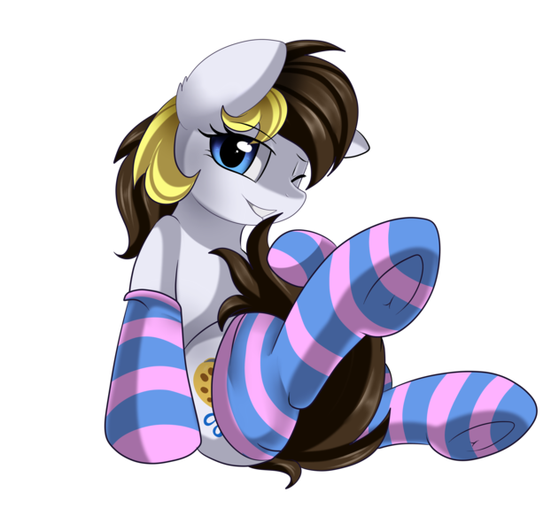 Size: 2918x2814 | Tagged: safe, artist:pridark, derpibooru import, oc, oc:double take, unofficial characters only, pony, clothes, female, looking at you, mare, one eye closed, simple background, smiling, socks, solo, stockings, striped socks, thigh highs, transparent background, wink