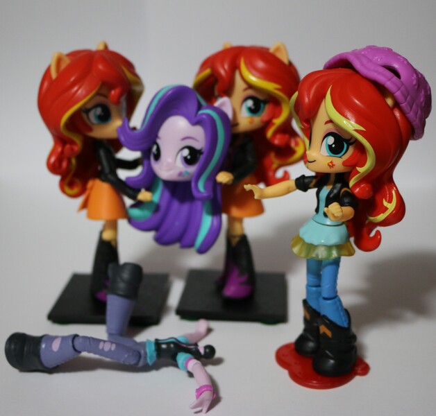 Size: 1909x1824 | Tagged: safe, derpibooru import, starlight glimmer, sunset shimmer, equestria girls, abuse, decapitated, decapitation, doll, equestria girls minis, eqventures of the minis, glimmerbuse, grimderp, multeity, severed head, shimmerstorm, toy, toy abuse