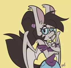 Size: 1346x1290 | Tagged: safe, artist:latby, derpibooru import, oc, oc:titty sprinkles, unofficial characters only, anthro, bat pony, clothes, glasses, ponytail, solo