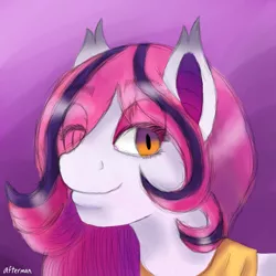 Size: 1000x1000 | Tagged: safe, artist:afterman, derpibooru import, oc, oc:arrhythmia, unofficial characters only, bat pony, bedroom eyes, bust, clothes, eyeshadow, makeup, scarf, smiling, solo