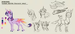 Size: 1600x743 | Tagged: safe, artist:earthsong9405, deleted from derpibooru, derpibooru import, twilight sparkle, twilight sparkle (alicorn), alicorn, classical unicorn, pony, chest fluff, cloven hooves, colored hooves, colored wings, colored wingtips, curved horn, ear fluff, fangs, female, floppy ears, gradient wings, gray background, headcanon, leg fluff, leonine tail, mare, multicolored wings, neck fluff, open mouth, realistic horse legs, reference sheet, scar, shrunken pupils, simple background, solo, tail feathers, tail fluff, unshorn fetlocks, wing claws