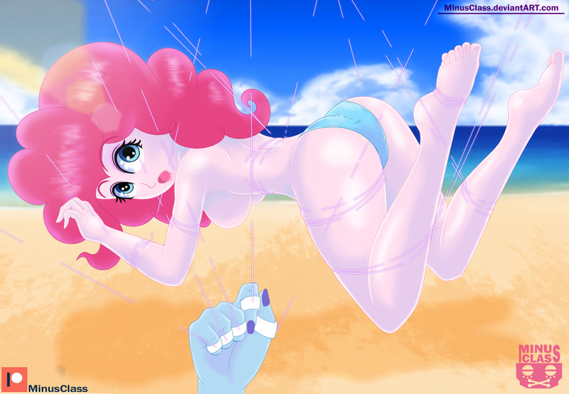 Size: 2600x1800 | Tagged: suggestive, artist:minusclass, derpibooru import, pinkie pie, trixie, equestria girls, ass, balloonbutt, barefoot, beach, bikini, bikini bottom, blue swimsuit, bondage, breasts, busty pinkie pie, clothes, cloud, feet, feet tied, female, hand, lens flare, magic abuse, offscreen character, open mouth, partial nudity, patreon, patreon logo, ring, sideboob, sky, solo focus, summer, swimsuit, tangled up, topless, water, wires