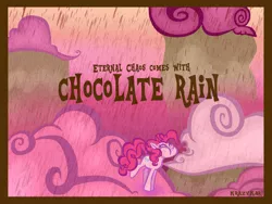 Size: 1280x960 | Tagged: safe, artist:krazykari, derpibooru import, pinkie pie, pony, chocolate, chocolate rain, cloud, cotton candy, cotton candy cloud, food, rain, solo