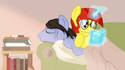 Size: 2870x1614 | Tagged: artist:aaronmk, blanket, book, couch, derpibooru import, freckles, glasses, magic glow, oc, oc:lefty pony, pillow, reading, safe, unofficial characters only