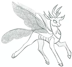 Size: 1568x1455 | Tagged: artist:anjevalart, changedling, changeling, cloven hooves, derpibooru import, grayscale, looking at you, monochrome, pharynx, prince pharynx, raised hoof, safe, simple background, smiling, solo, spread wings, white background, wings