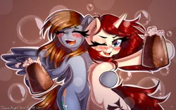 Size: 2800x1742 | Tagged: safe, artist:chaosangeldesu, derpibooru import, oc, oc:nazzy, unofficial characters only, pegasus, pony, unicorn, alcohol, bipedal, blushing, drunk, female, mare, open mouth, side hug