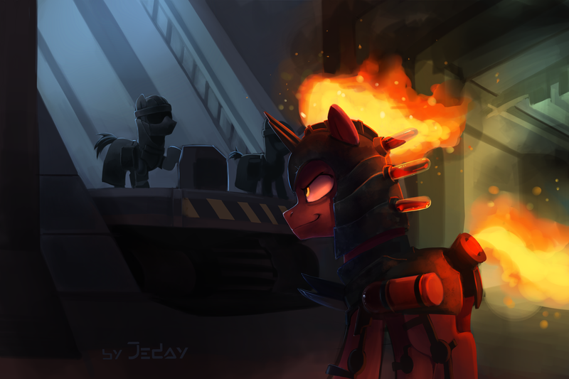 Size: 3000x2000 | Tagged: safe, artist:jedayskayvoker, derpibooru import, oc, oc:carnage, unofficial characters only, pony, unicorn, fallout equestria, fallout equestria: child of the stars, armor, fallout, fire, male, raised hoof, smiling, stallion