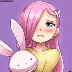 Size: 750x750 | Tagged: artist:lumineko, clothes, crying, cute, derpibooru import, fluttershy, hair over one eye, hairpin, human, humanized, plushie, rabbit, sad, sadorable, safe, shyabetes, simple background, solo, younger