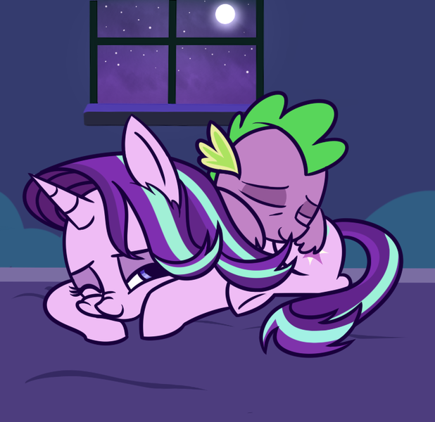 Size: 721x700 | Tagged: safe, artist:radek1212, derpibooru import, spike, starlight glimmer, dragon, pony, unicorn, baby, baby dragon, bed, blanket, blue eyes, cuddling, cute, cutie mark, eyes closed, female, full moon, glimmerbetes, hair flip, horn, indoors, lidded eyes, looking back, love, male, mare, moon, night, night sky, nose wrinkle, on top, one eye closed, prone, scales, shipping, sky, sleeping, smiling, sparlight, spikabetes, squishy cheeks, starlight's room, stars, straight, underhoof, weapons-grade cute, window