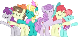Size: 5495x2648 | Tagged: safe, artist:ironm17, derpibooru import, crimson cream, fashion statement, honey curls, mare e. belle, mare e. lynn, pearmain worcester, pegasus olsen, peggy holstein, pinot noir, shiraz, silver berry, strawberry ice, earth pony, pony, cape, clothes, eyes closed, group, hat, scarf, shirt, simple background, singing, transparent background, vector