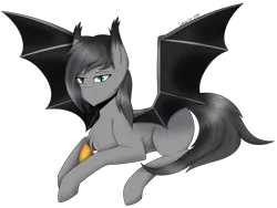 Size: 4880x3665 | Tagged: safe, artist:cannoncar, derpibooru import, oc, unofficial characters only, bat pony, bat pony oc, commission, food, looking at you, mango, prone, simple background, slit eyes, smiling, solo, transparent background