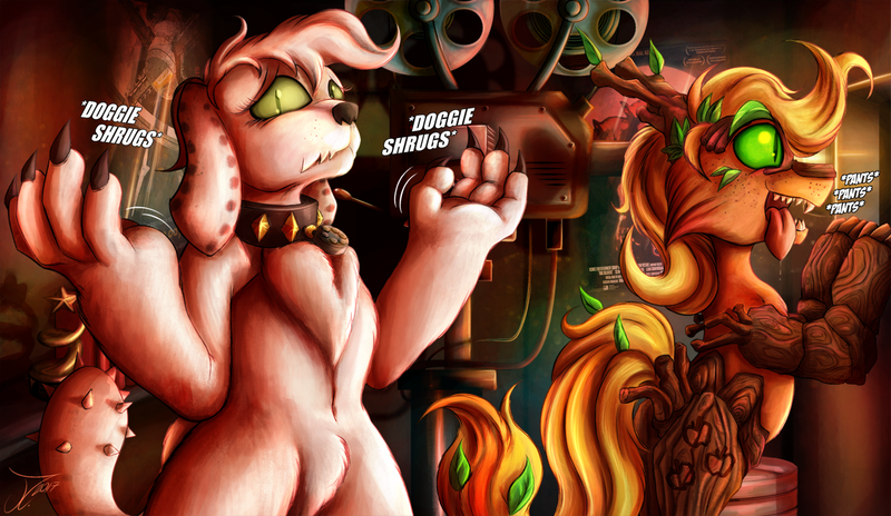 Size: 1250x725 | Tagged: safe, artist:jamescorck, derpibooru import, applejack, oc, oc:movie slate, diamond dog, pony, timber pony, timber wolf, collar, diamond dogified, dog soldiers, looking at you, review, species swap, timber wolfified, timberjack