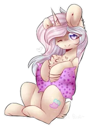 Size: 613x829 | Tagged: safe, artist:twinkepaint, derpibooru import, oc, oc:bubble wings, unofficial characters only, pony, unicorn, female, mare, one eye closed, pillow, simple background, solo, transparent background, wink