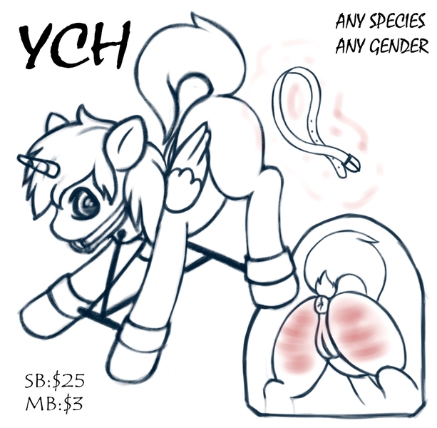 Size: 1011x989 | Tagged: advertisement, anus, artist:drawsyraccoon, belt, bondage, commission, derpibooru import, dock, explicit, gag, nudity, ponut, ring gag, spanking, spreader bar, vulva, whip marks, your character here