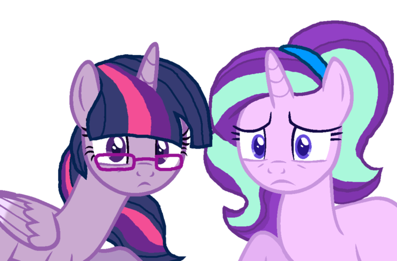 Size: 1024x673 | Tagged: safe, artist:salemwerewolf15, derpibooru import, starlight glimmer, twilight sparkle, twilight sparkle (alicorn), alicorn, alternate hairstyle, female, glasses, implied magical lesbian spawn, lesbian, looking at you, ms paint, older, shipping, simple background, story included, transparent background, twistarlight, worried