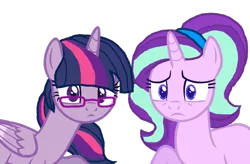 Size: 1024x673 | Tagged: safe, artist:salemwerewolf15, derpibooru import, starlight glimmer, twilight sparkle, twilight sparkle (alicorn), alicorn, alternate hairstyle, female, glasses, implied magical lesbian spawn, lesbian, looking at you, ms paint, older, shipping, simple background, story included, transparent background, twistarlight, worried