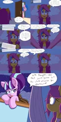 Size: 2000x4000 | Tagged: safe, artist:jake heritagu, derpibooru import, firefly, scootaloo, starlight glimmer, pony, comic:ask motherly scootaloo, ask, bed, blanket, cloak, clothes, cloud, cloudsdale, comic, curtain, hairpin, motherly scootaloo, sweatshirt