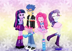 Size: 1600x1131 | Tagged: safe, artist:jucamovi1992, derpibooru import, flash sentry, pinkie pie, rarity, twilight sparkle, equestria girls, clothes, crossdressing, dancing, eyes closed, female, flash sentry is not amused, flashlight, male, pinkie pie is amused, shipping, skirt, smiling, straight, tutu, unamused, varying degrees of amusement